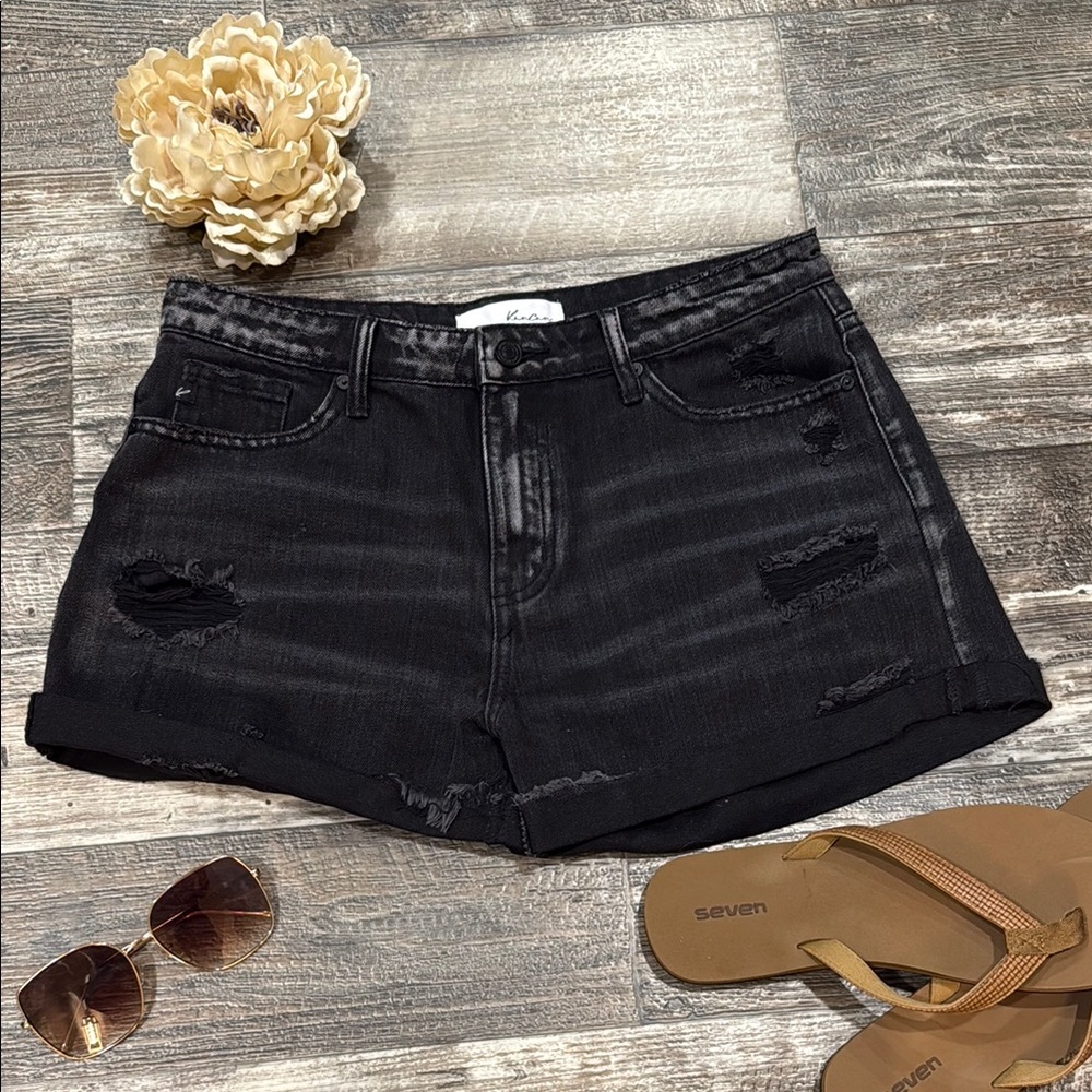 KanCan Black High-Waisted Jean Shorts with Distressed Finish